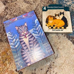🆕Wooden Primitive Cat Box And Stone Cat Coasters (4)